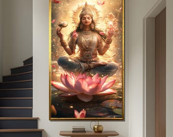 Hindu Goddess Lakshmi Canvas Painting, Divine Spiritual Wall Art, Indian Mythology Decor, Sacred Meditation Artwork, Lotus Gift