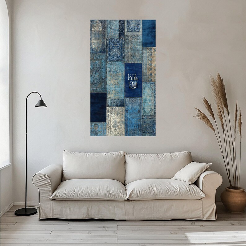 Antique Blue Patchwork Canvas, Persian Rug Pattern Wall Art, Vintage ...