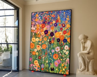 Gustav Klimt bloementuin canvas muurkunst, kleurrijke papaver bloemen schilderij, levendige impressionistische natuur canvas, woondecoratie klaar om op te hangen