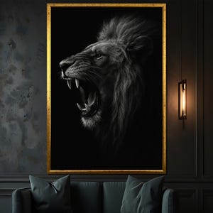 Roaring Lion Black and White Wall Art, Powerful King of Jungle Canvas Print, Dramatic Lion Fine Art, Bold Wildlife Home Decor
