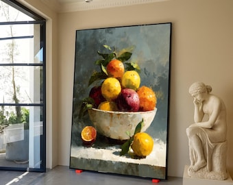 Vibrant Citrus Fruit Bowl Canvas, Still Life Wall Art, Colorful Kitchen Decor, Fruit Painting Canvas, Home Decoration Artwork
