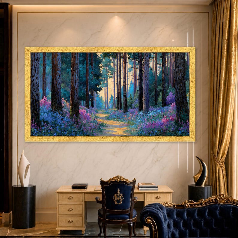 Vibrant Forest Path Canvas Print, Colorful Floral Landscape Wall Art ...