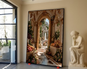 Luxuriöse Garteneingang Leinwand, Klassische Barock Torbogen Wandkunst, Blumen- und Obstdekor, Elegante Marmorboden Leinwand, Vintage Haus