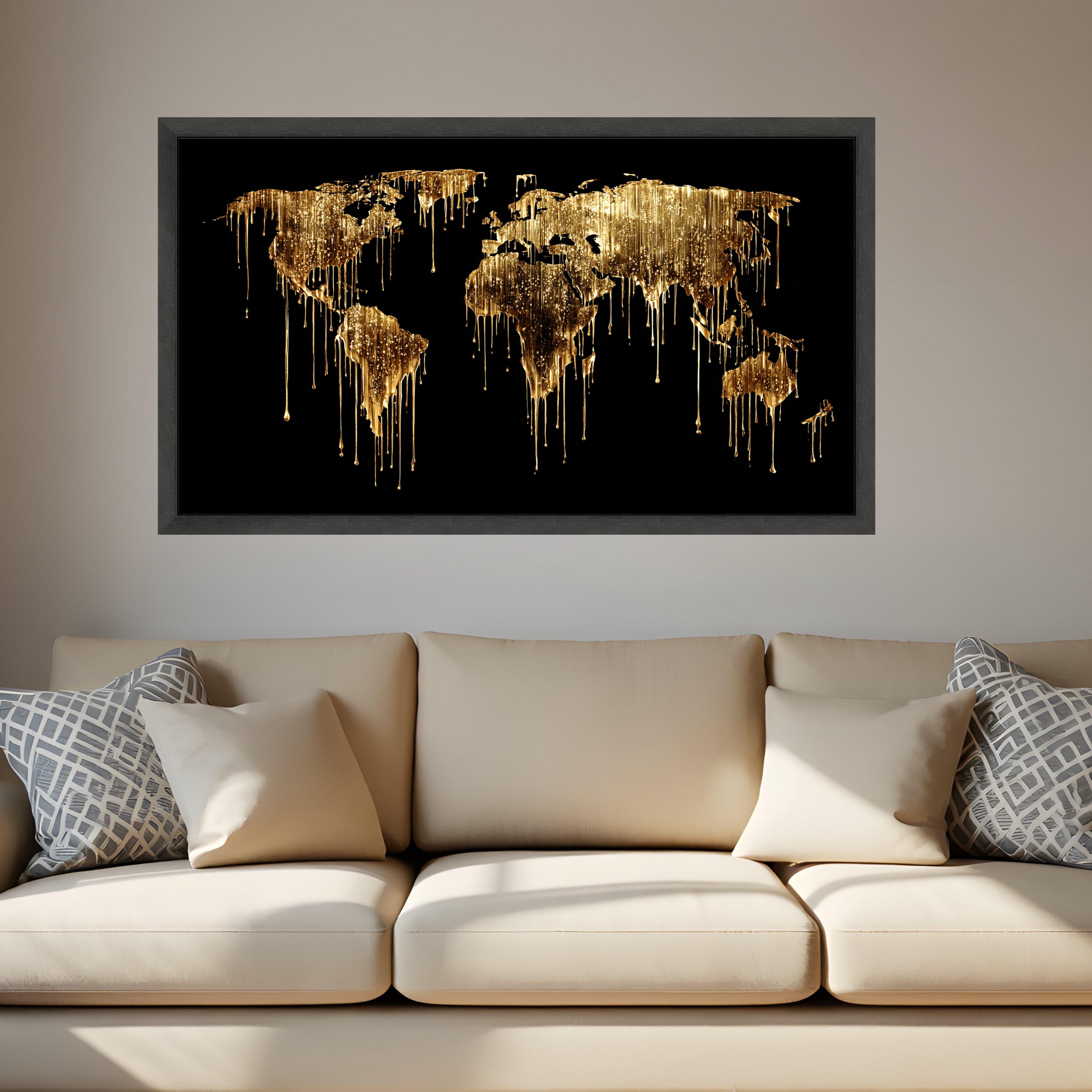 World Dripping Design Golden Dripping World Map Canvas, Abstract Globe Wall Art, Modern Black ...