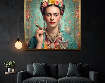 Frida - Lienzo con retrato colorido: arte mural femenino y audaz con flores, joyas y un gato, el regalo perfecto para los amantes del arte.