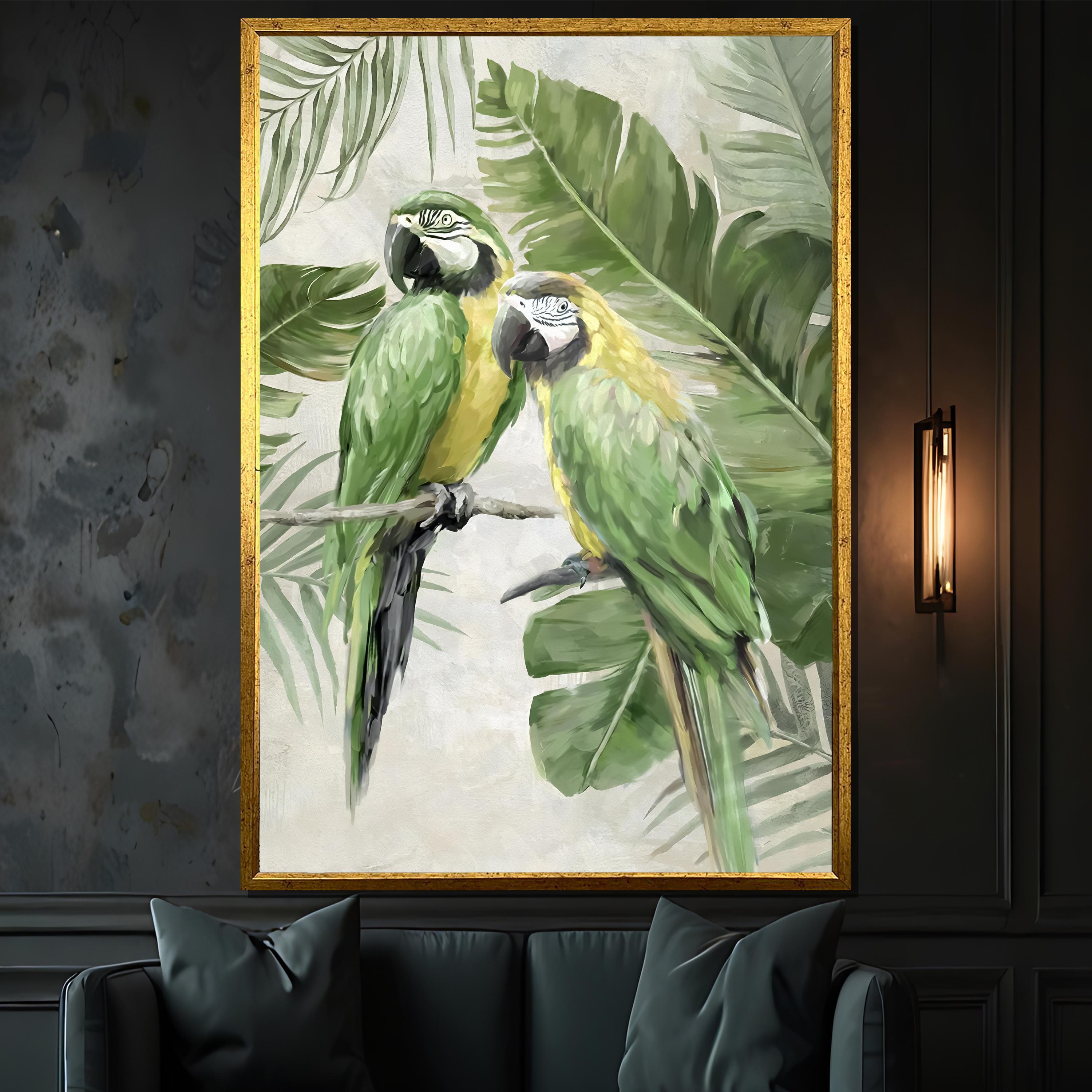 Green Parrot Canvas Painting – Tropical Jungle Bird Wall Art