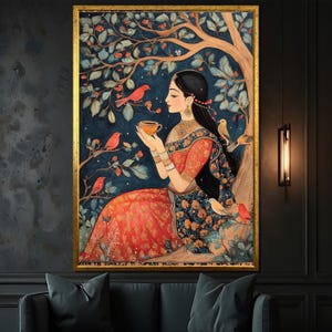 May include: A painting of a woman in a red and blue dress sitting under a tree with birds. She is holding a cup of tea and looking to the right. The background is a dark blue with white stars.