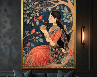 Elegant Indian Woman Canvas Painting , Traditional Mughal-Inspired Art with Birds ,Tea - Vintage Wall Decor , Unique Gift Idea