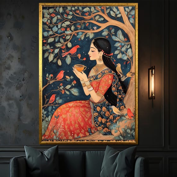Mughal-Inspired Indian Woman Art, Birds, Tea, Vintage Canvas Print