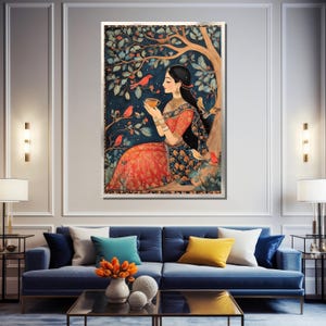 May include: A woman in a red and blue dress sits under a tree with birds. She holds a cup in her hand and looks at the birds. The background is a dark blue with green leaves and flowers.