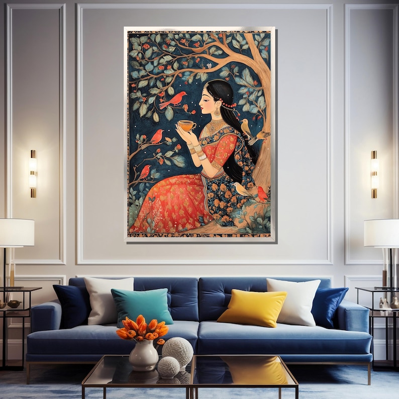 May include: A woman in a red and blue dress sits under a tree with birds. She holds a cup in her hand and looks at the birds. The background is a dark blue with green leaves and flowers.
