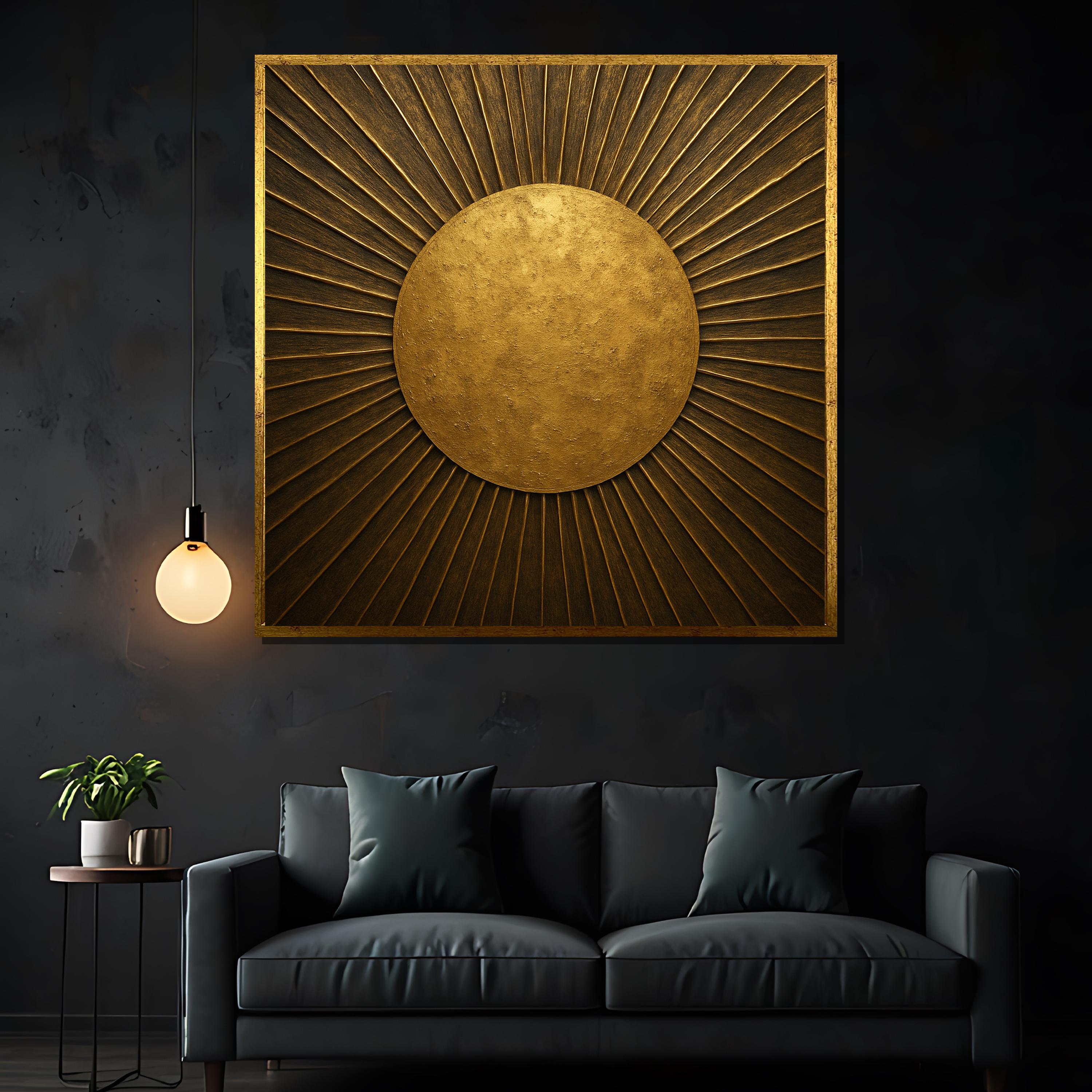 Golden Sunburst Wall Art, Modern Minimalist Gold Sun Canvas, Elegant