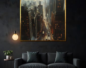 Moody Cityscape Canvas Painting, Dark Urban Skyline Wall Art, Cinematic Metropolis Print, Industrial City Street Decor Gift