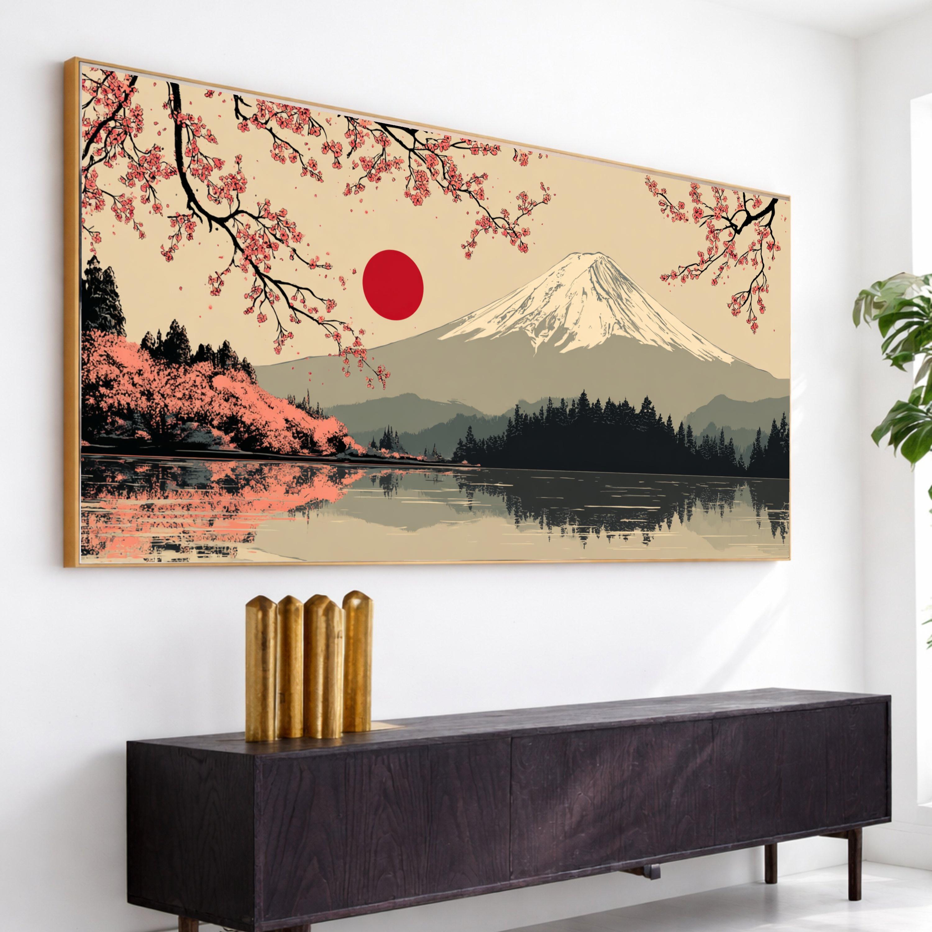 Mount Fuji Canvas Wall Art, Cherry Blossom Lake Scene, Japanese