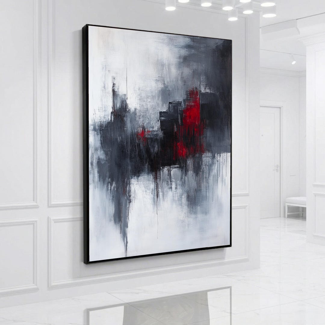 Modern Abstract Canvas Wall Art, Black Grey and Red Contemporary ...