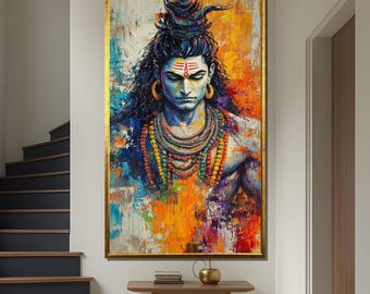 Potente dipinto su tela raffigurante il Signore Shiva - Vibrante arte astratta indù per la casa spirituale e la sala di meditazione - Dono divino per i devoti