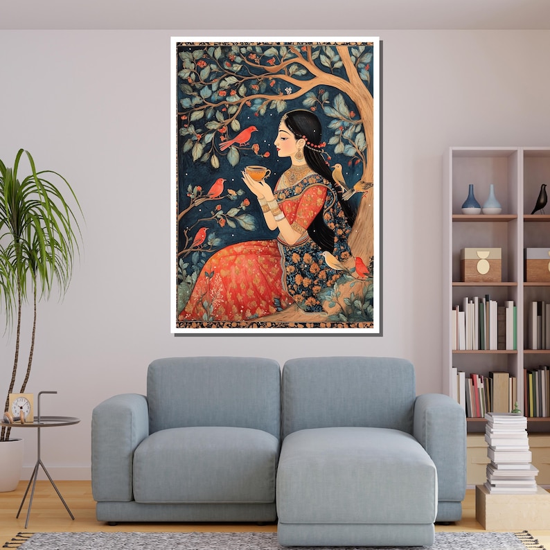 May include: A woman in a red and blue dress sits under a tree with birds. She is holding a cup and looking at the birds. The painting is done in a traditional Indian style.