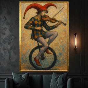 May include: A painting of a jester in a red and yellow hat riding a unicycle while playing a violin. The jester is wearing a blue and yellow patterned costume and red shoes. The background is a light yellow with a blue sky.