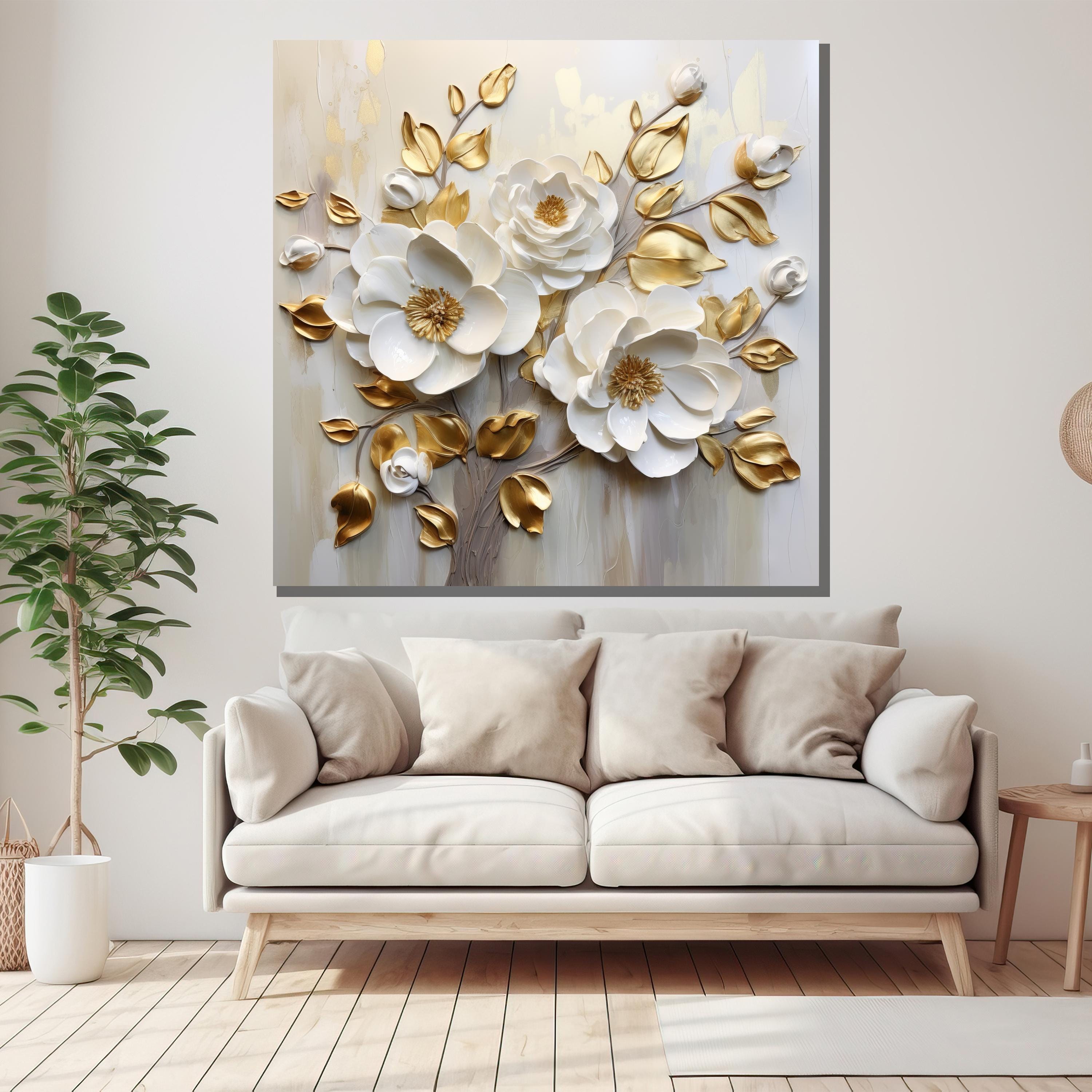 White and Gold Floral Canvas Painting – Elegant Flower Art for Luxury ...