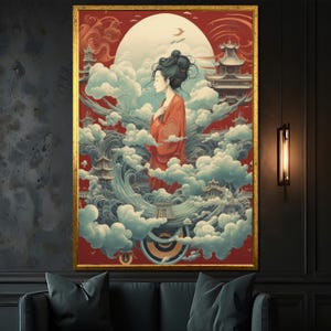 May include: A framed art print featuring a woman in a red robe, surrounded by clouds and traditional Asian architecture. The artwork has a red and gold color scheme, with a large white moon in the background. The print is in a gold frame.
