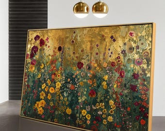 Gustav Klimt Wildflower Garden Canvas, Floral Art Print, Golden Botanical Wall Art, Decorative Nature Canvas, Home Décor Accent