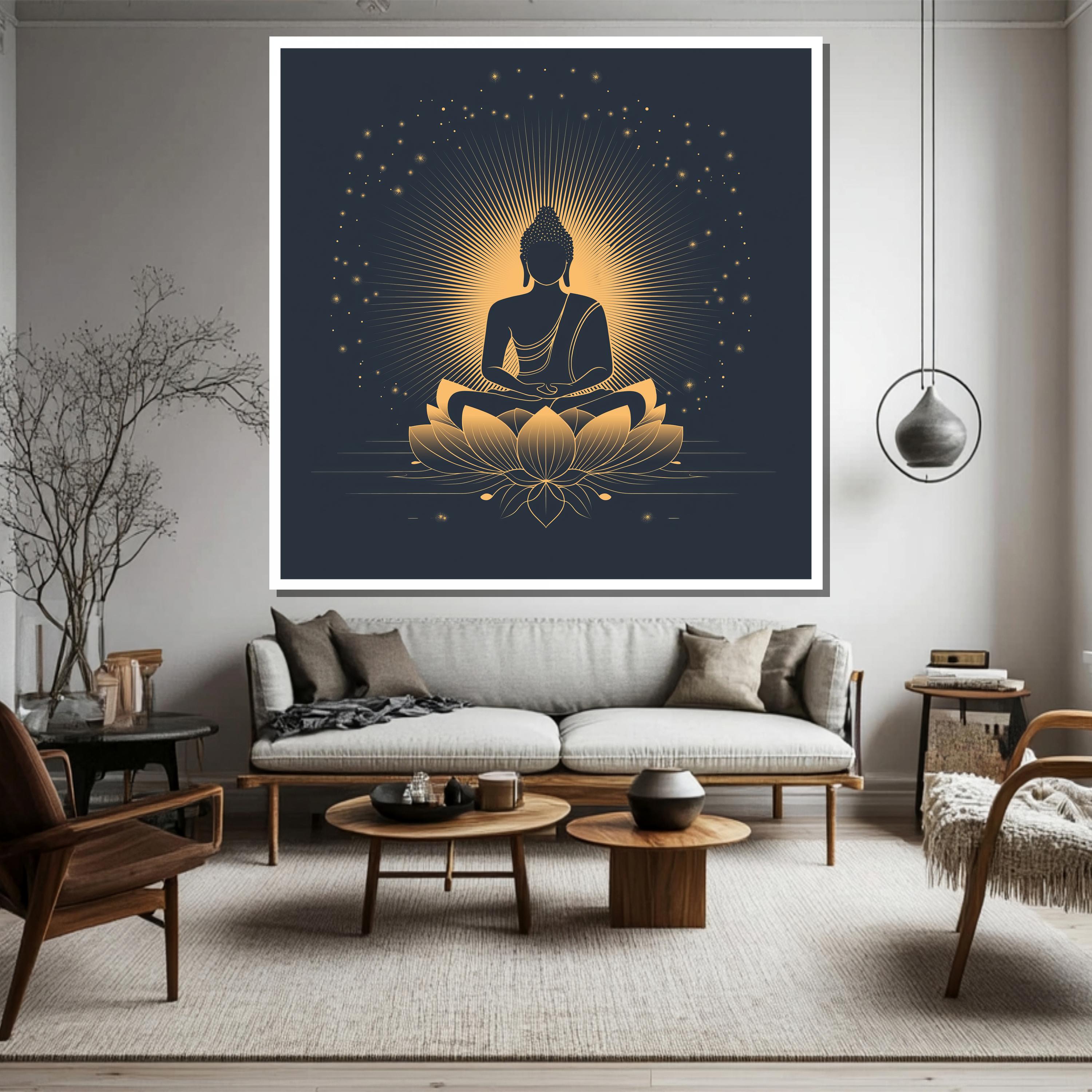 Minimalist Golden Buddha Canvas Painting on Lotus, Sacred Zen Wall Art ...