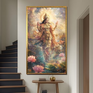 Vishnu Canvas Painting, Hindu God Artwork, Divine Spiritual Wall Art, Indian Mythology Decor, Ethereal Religious Gift, Lotus Art
