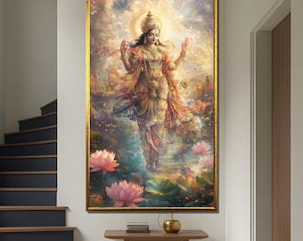 Pintura sobre lienzo de Vishnu, obra de arte hindú, arte mural espiritual divino, decoración de mitología india, regalo religioso etéreo, arte de loto