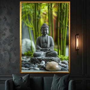 Zen Garden Buddha Statue for Calm and Mindfulness, Meditating Sculpture for Home Decor and Zen Gift, Peaceful Bamboo Setting