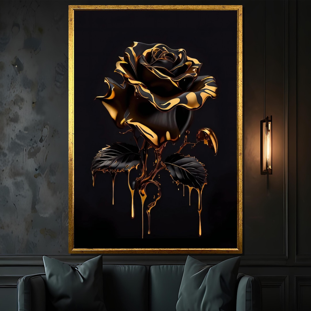 Black and Gold Rose Canvas Painting – Luxurious Floral Wall Art Gift ...