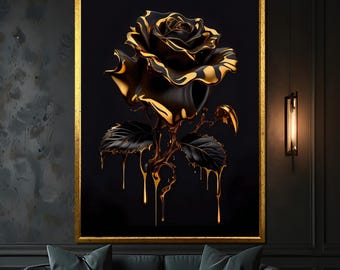 Canvasschilderij zwart-gouden roos – Luxe cadeau bloemenkunst aan de muur, elegant roosdecor voor moderne huizen
