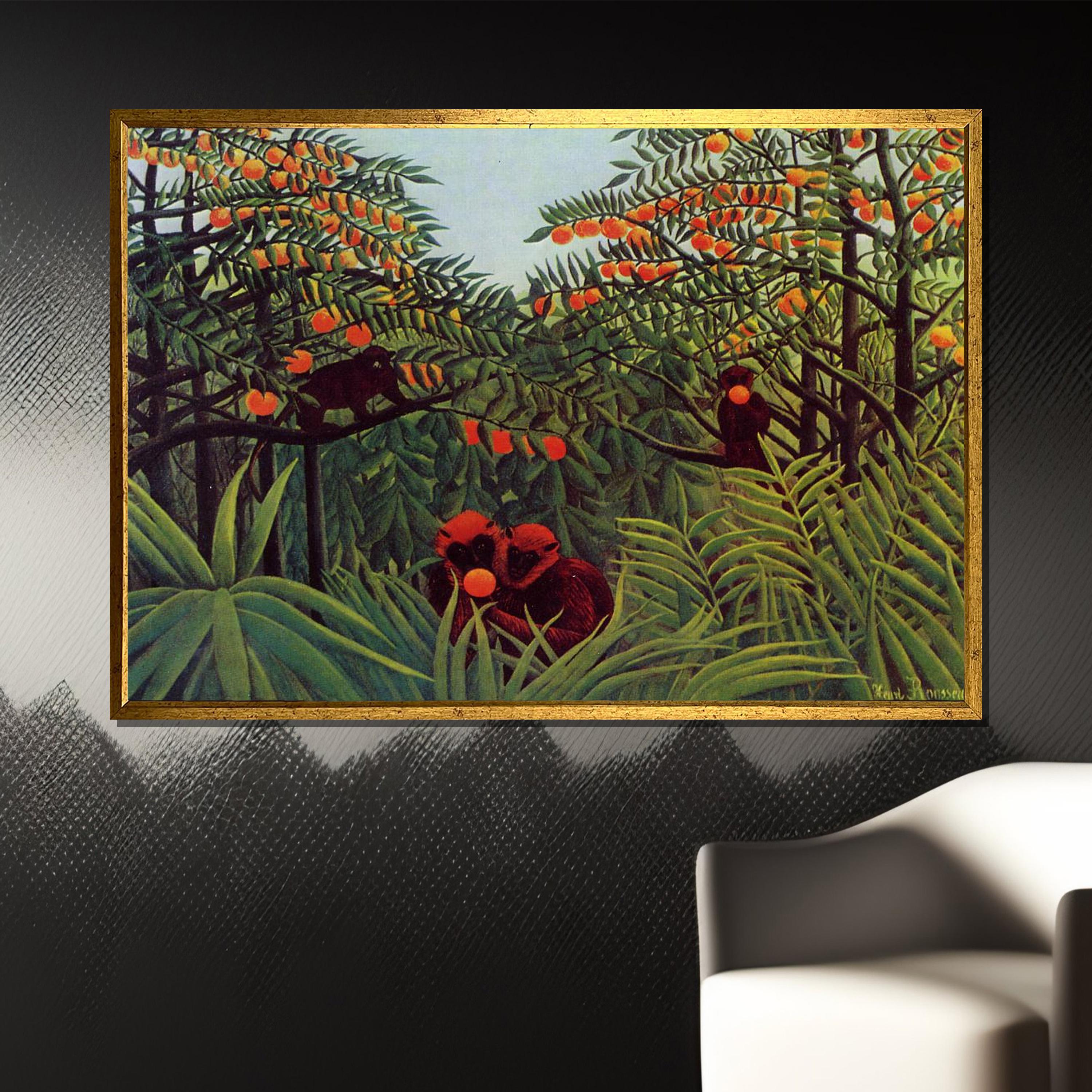 アンリ・ルソー「オレンジ畑の猿」キャンバス絵画、鮮やかなジャングル