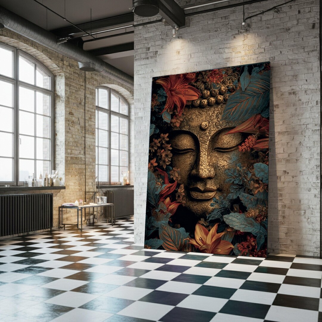 Tranquil Buddha Face Canvas, Floral Meditation Wall Art, Zen Spiritual ...