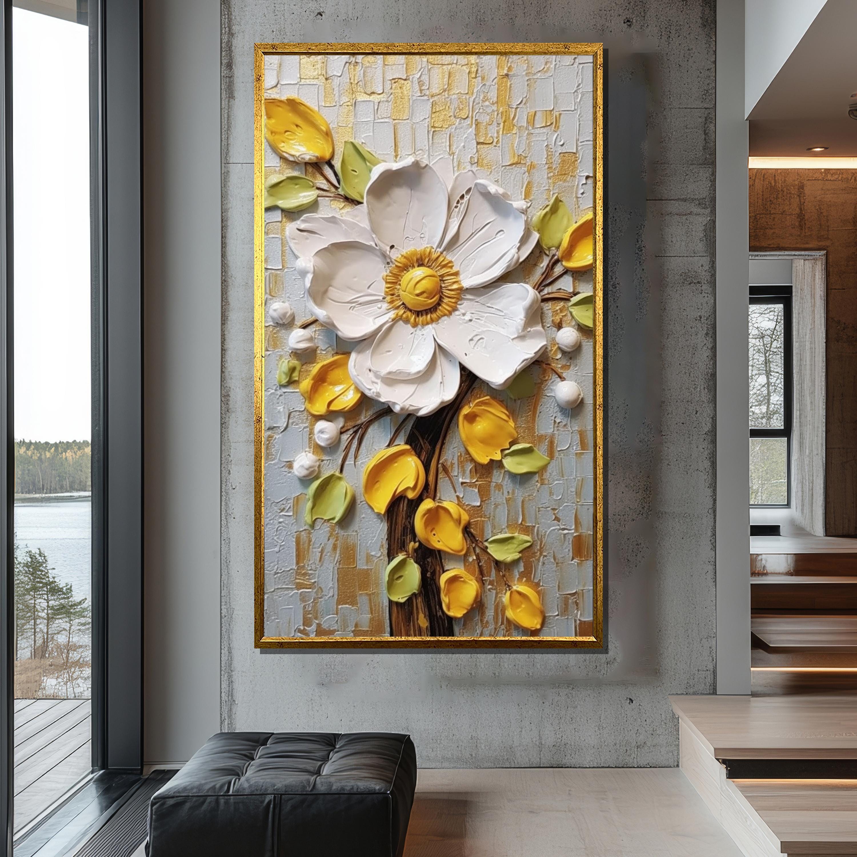 白と黄色の花のキャンバス絵画 - モダンなインテリアにぴったりの