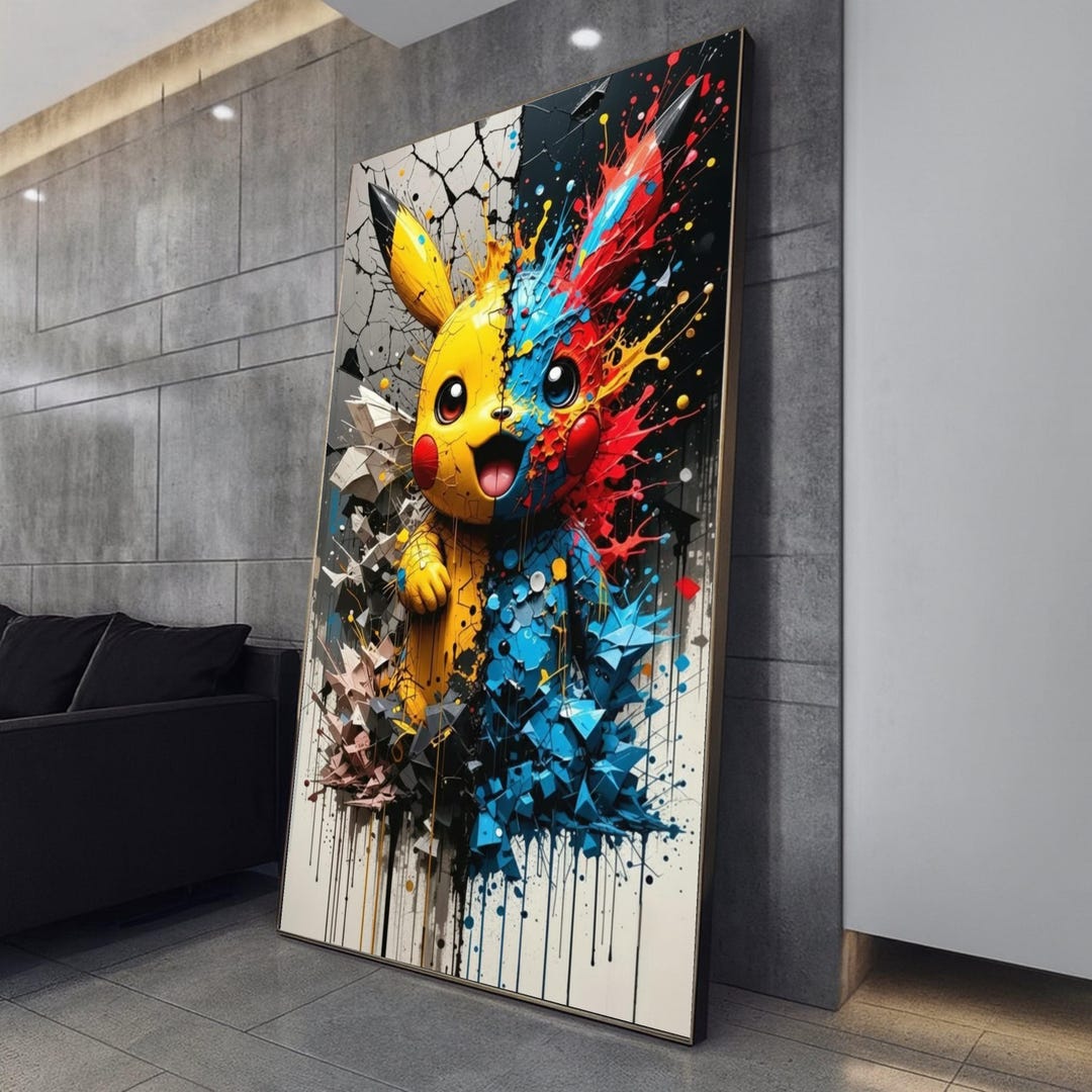 Vibrant Split Pikachu Canvas, Abstract Pop Art Wall Decor, Colorful ...