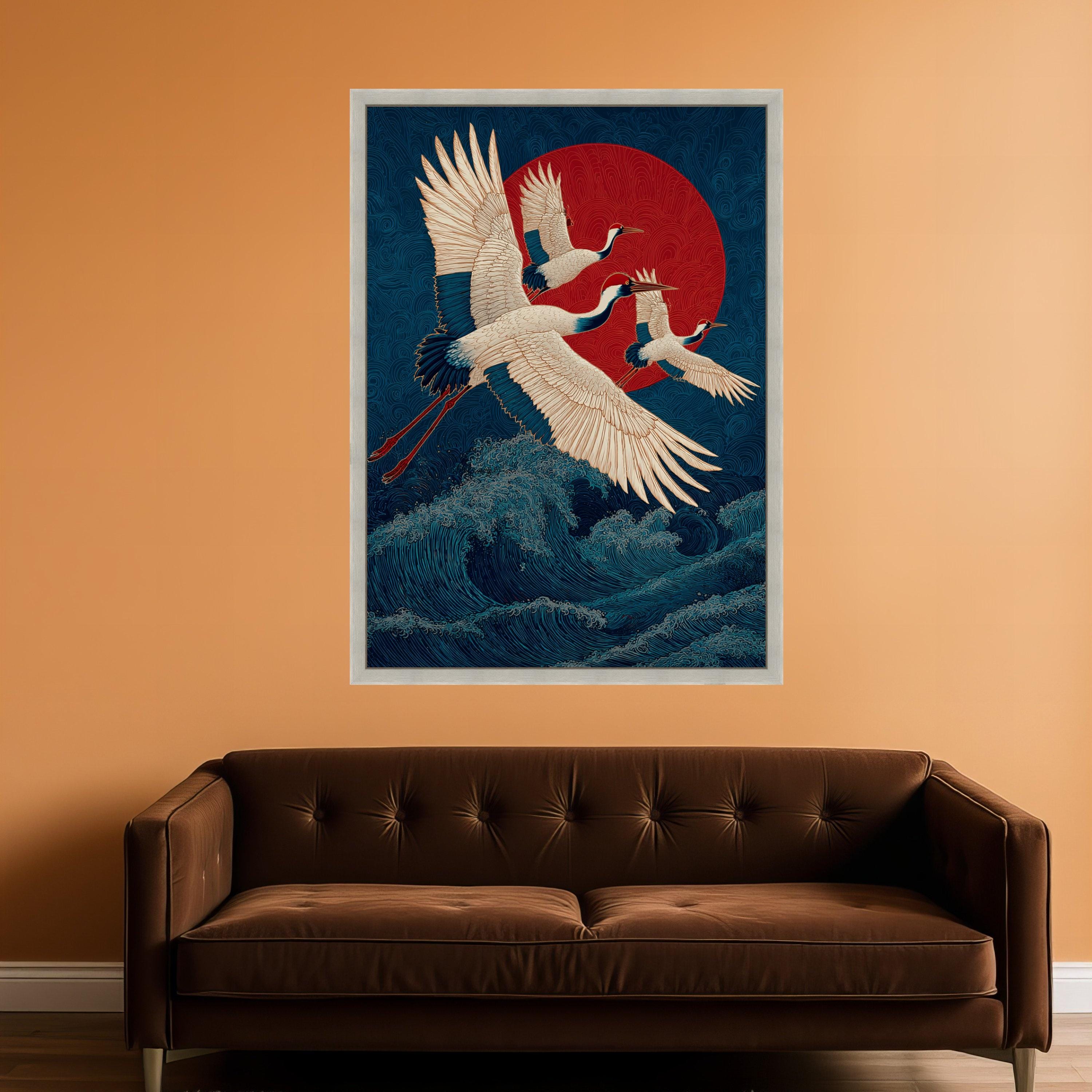 Majestic Cranes Flying Over Ocean Waves Canvas, Japanese Red Sun