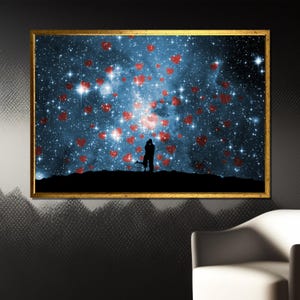 Romantic Starry Night Canvas Painting - Silhouette Lovers Under a Galaxy of Hearts, Perfect Gift for Valentine&#39;s Day or Anniversaries