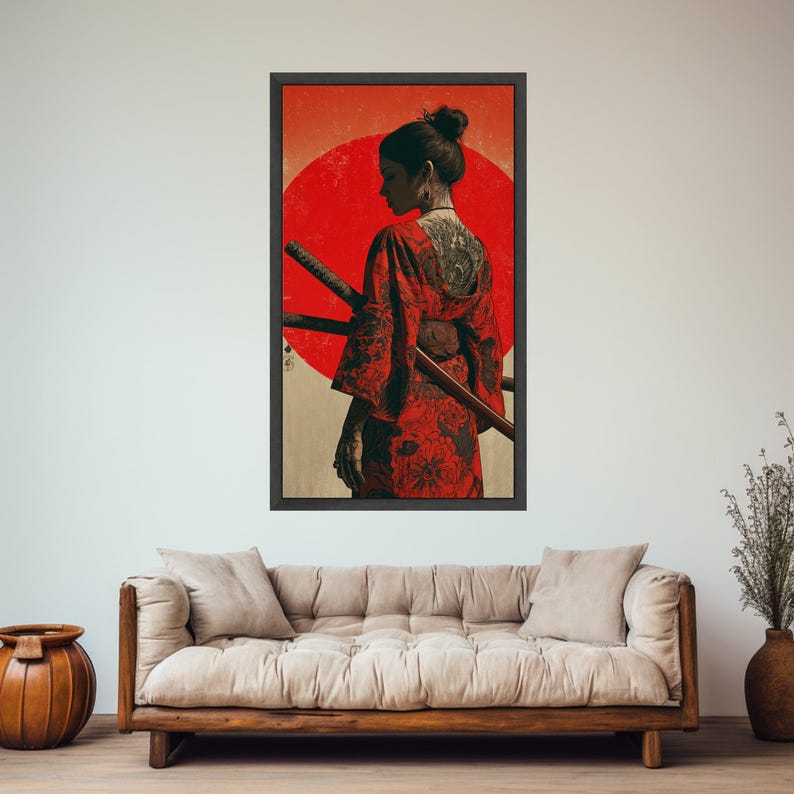 Samurai Woman in Red Kimono Canvas Wall Art, Japanese Sword Artwork ...
