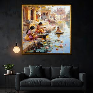 Serene Indian Village Canvas Painting - Traditional Ganges River Scene with Women in Ritual - Cultural Wall Art & Unique Gift