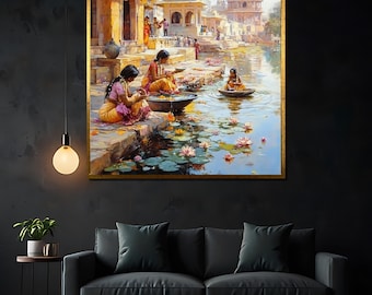 Serene Indian Village Canvas Painting - Traditional Ganges River Scene with Women in Ritual - Cultural Wall Art & Unique Gift
