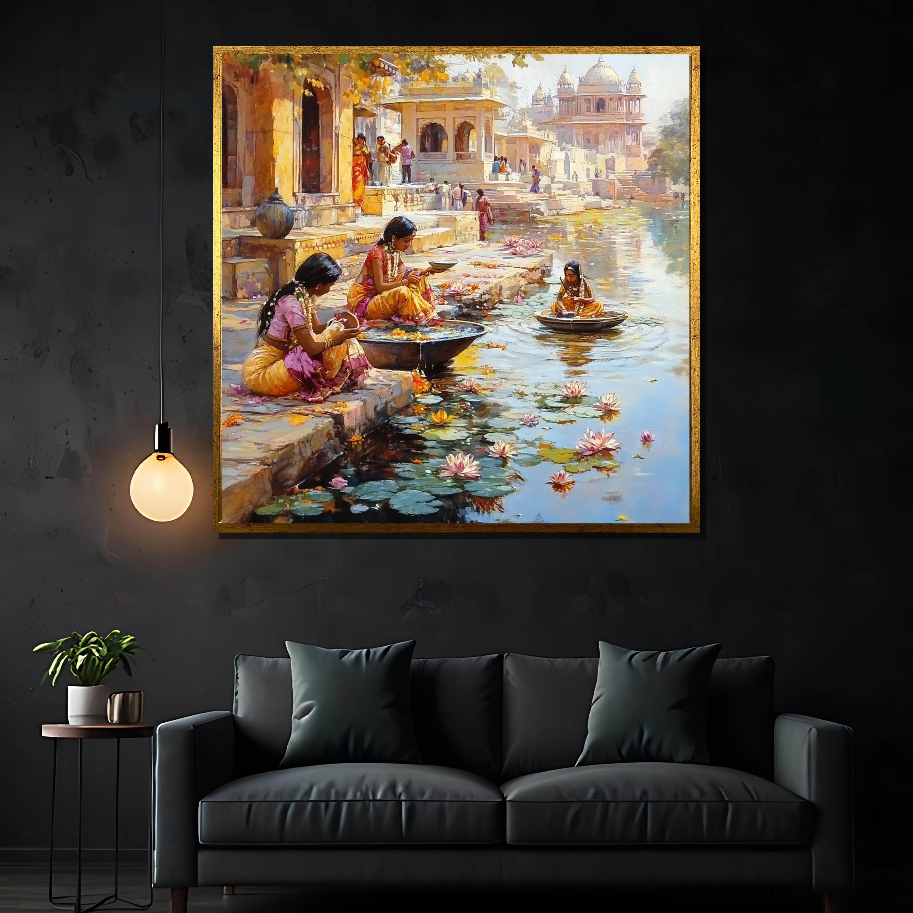 Serene Indian Village Canvas Painting - Traditional Ganges River Scene with Women in Ritual - Cultural Wall Art & Unique Gift