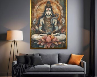 Lord Shiva Canvas Painting, Meditative Hindu Art, Spiritual Chakra