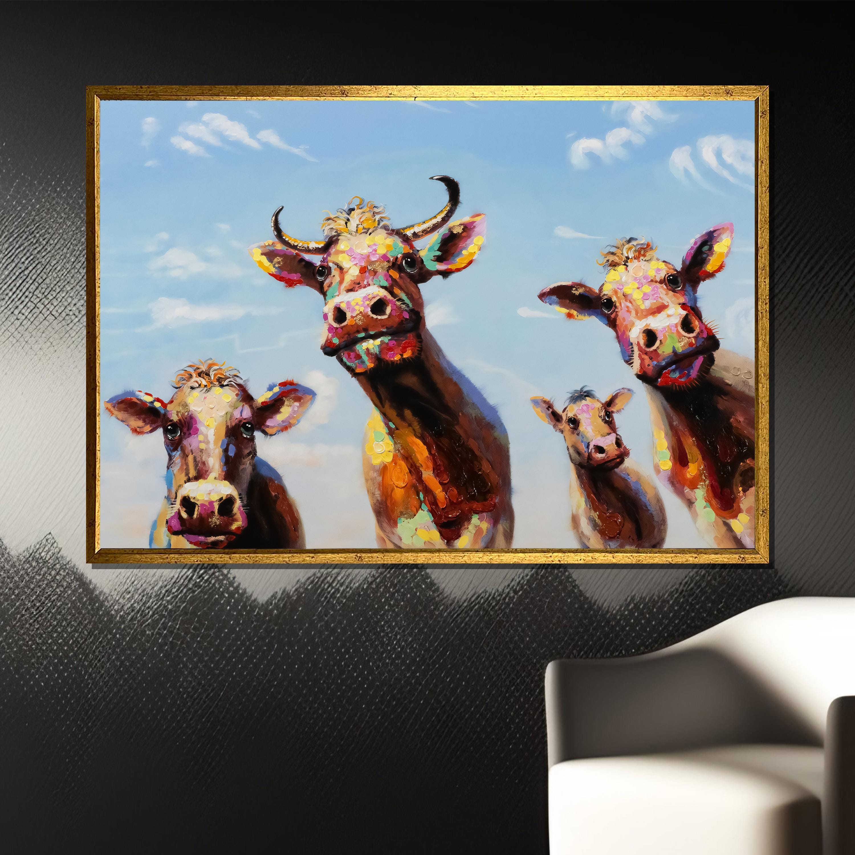 Whimsical Colorful Cow Canvas Painting | Fun Farm Animal Art for ...