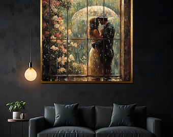 Romantic couple under umbrella in rainy garden – Impressionist love canvas painting, perfect anniversary gift
