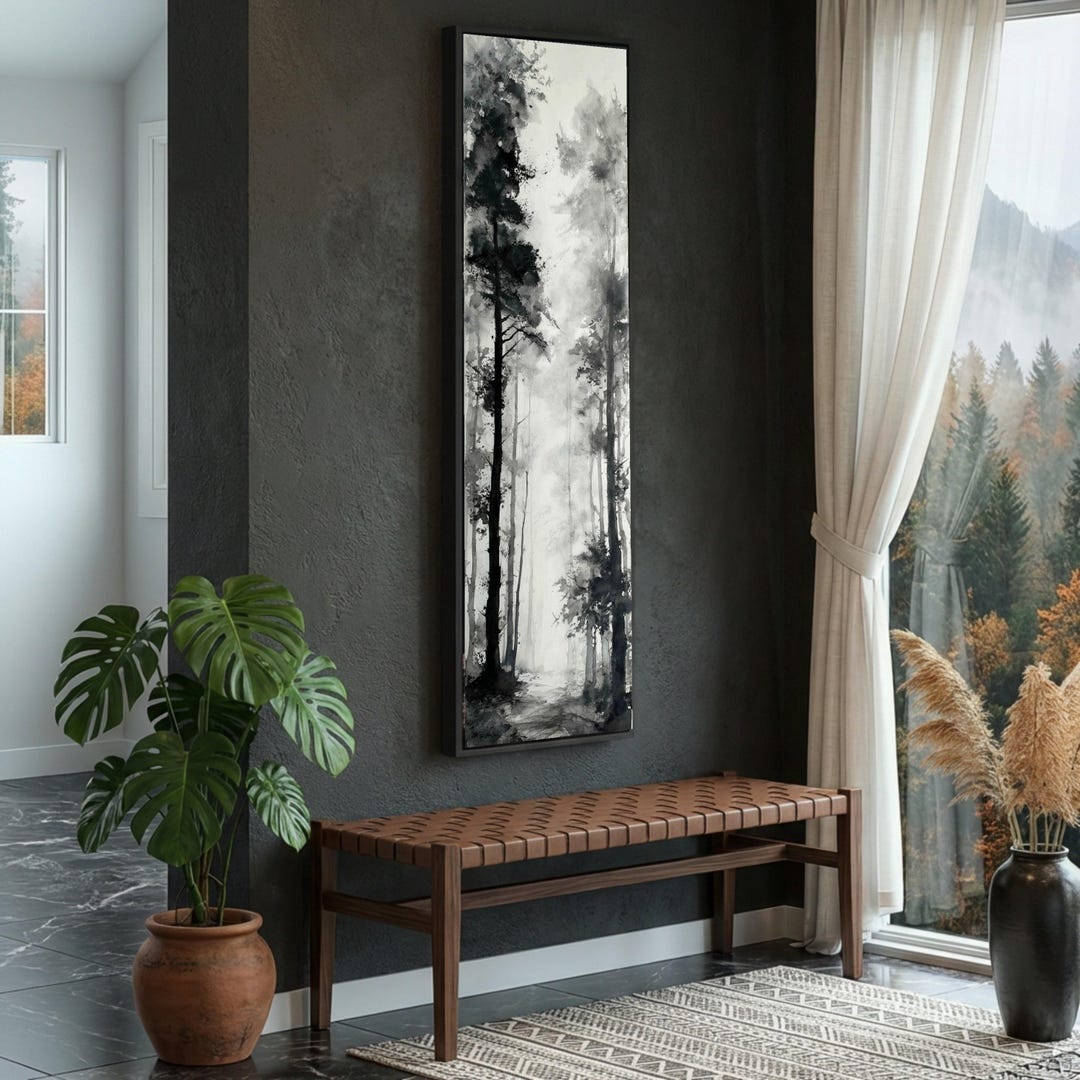 Misty Forest Path Canvas Wall Art, Black and White Tree Landscape ...