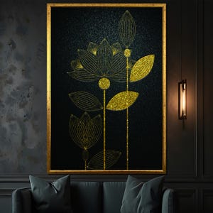 Elegant Golden Lotus Canvas Painting – Minimalist Floral Art with Gold Detailing for Modern Home Decor Gift