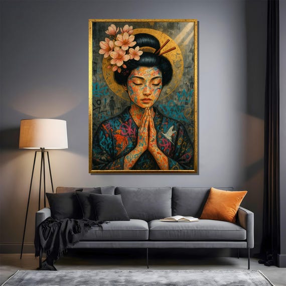 現代の芸者キャンバス絵画 - グラフィティ、桜、金色の光輪を融合した