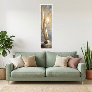 Golden Sailboat Canvas Painting, Full Moon Sailing Ship on Textured Gray Sea, Neutral Nautical Wall Art for Coastal Decor White Frame
