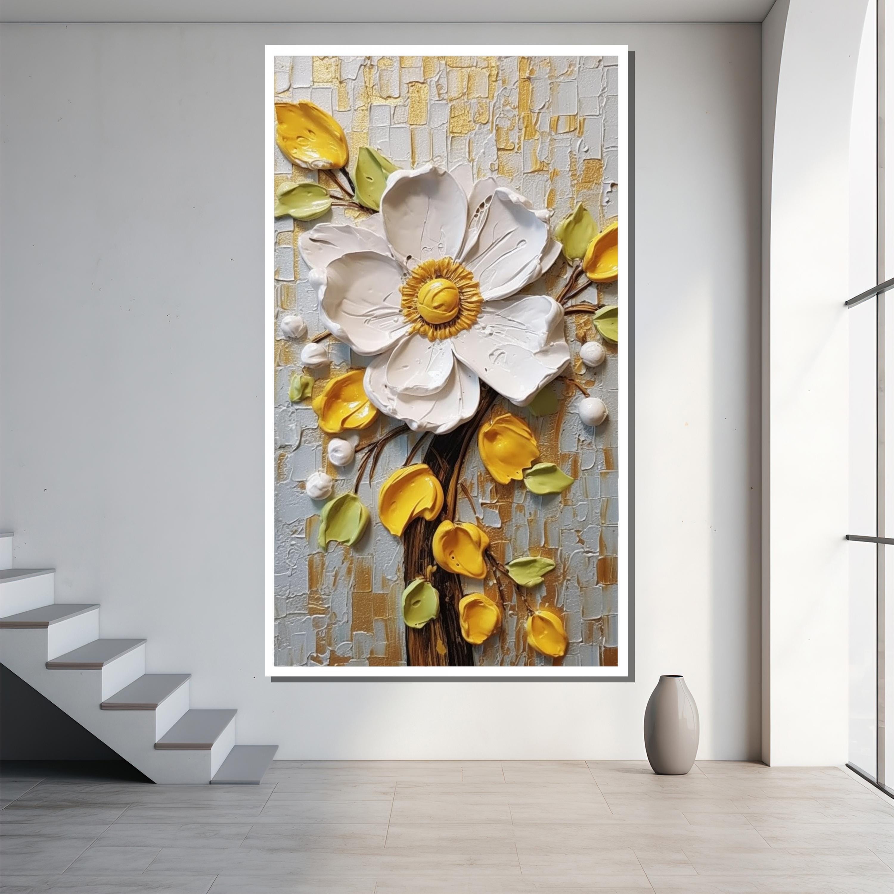 白と黄色の花のキャンバス絵画 - モダンなインテリアにぴったりの