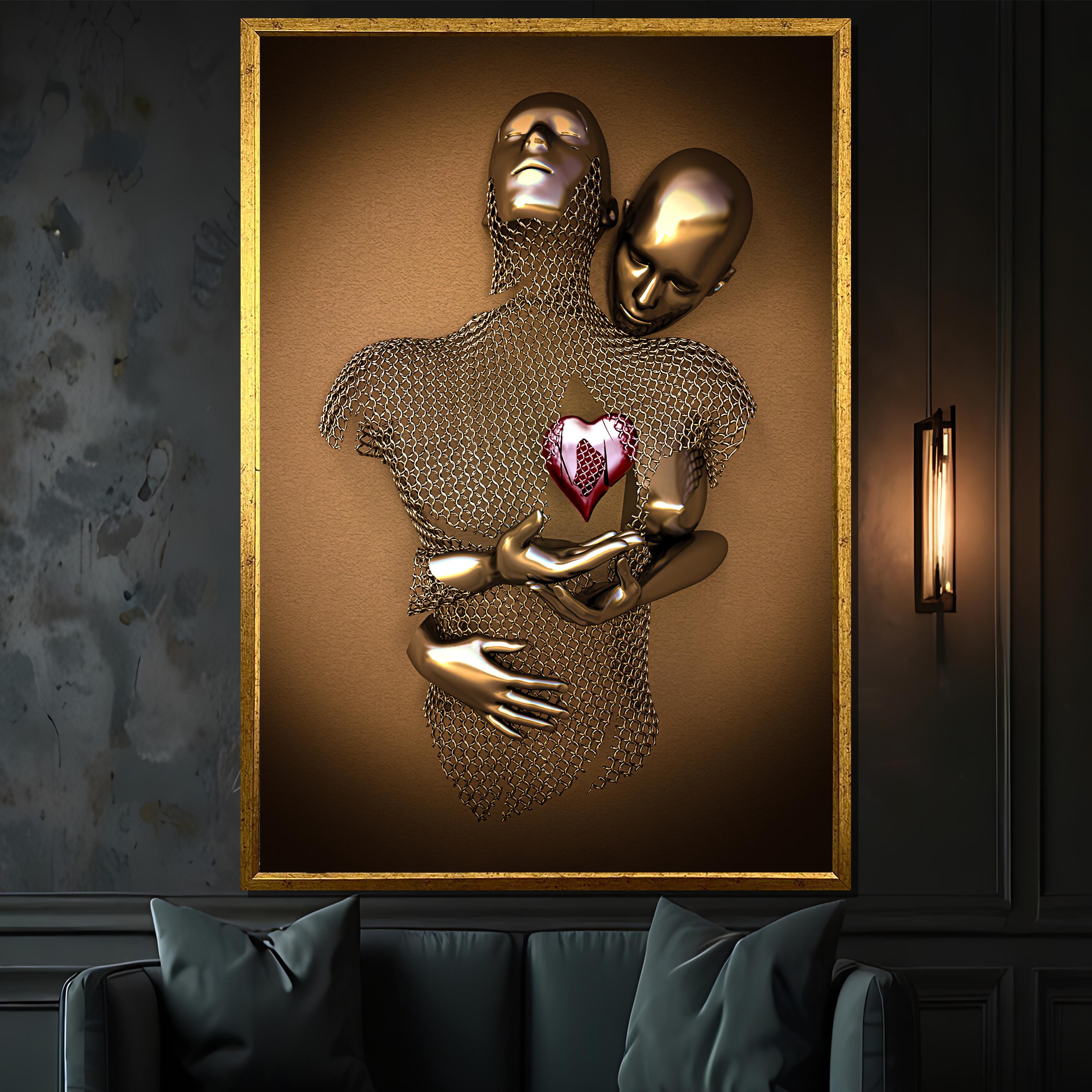 Golden Metallic Embrace Canvas Painting: Lovers in Chain Mesh With